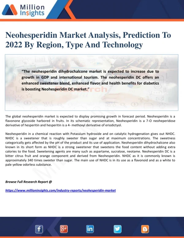Neohesperidin Market Analysis, Prediction To 2022 By Region, Type And Technology