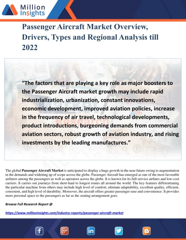 Passenger Aircraft Market Overview, Drivers, Types and Regional Analysis till 2022