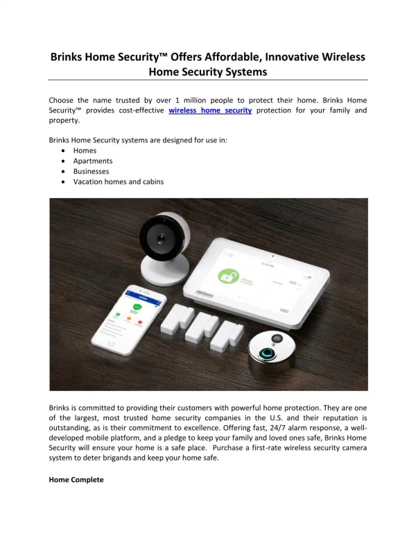 Brinks Home Security™ Offers Affordable, Innovative Wireless Home Security Systems