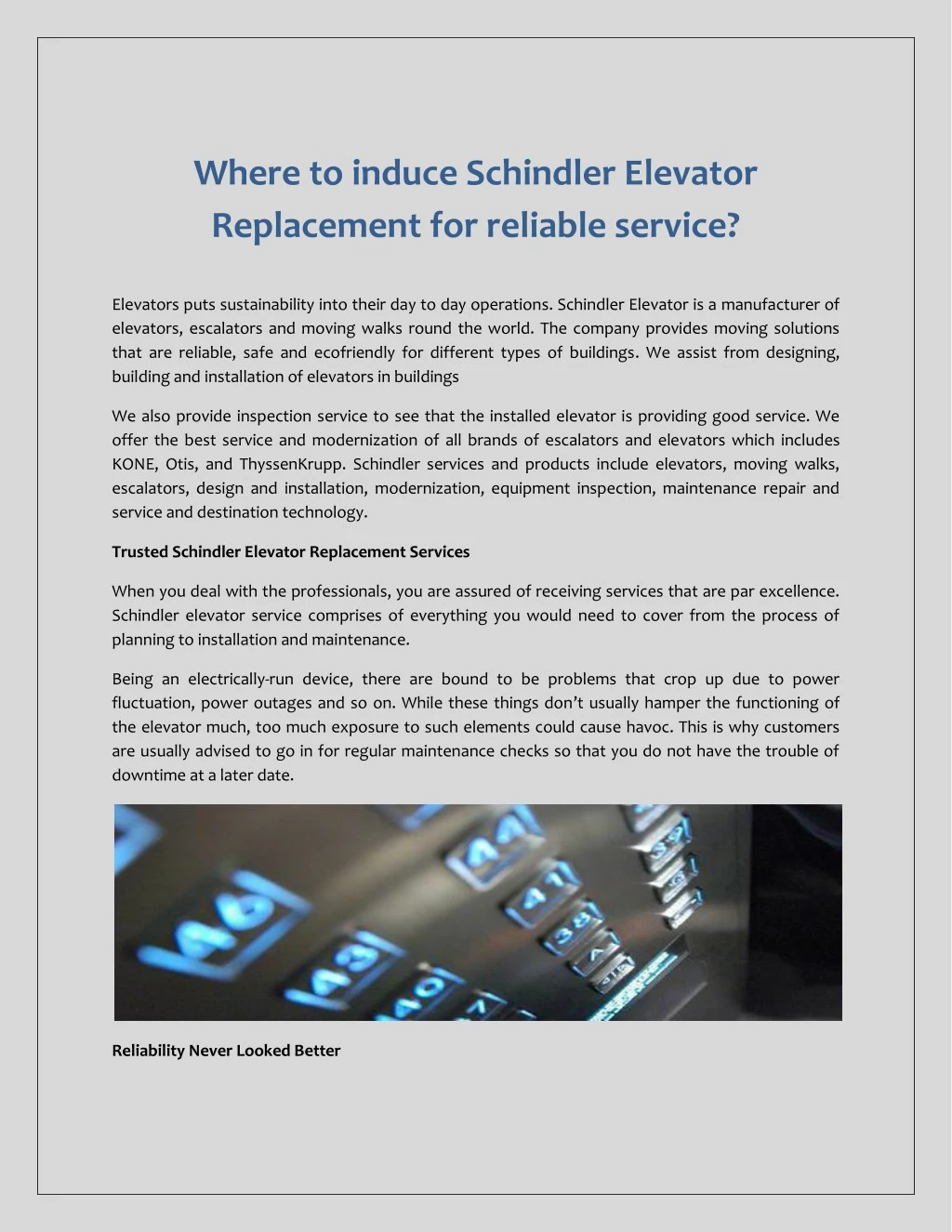 where to induce schindler elevator replacement