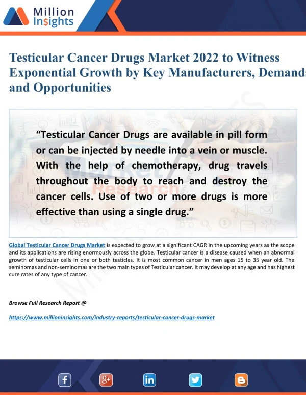 Testicular Cancer Drugs Market 2022 to Witness Exponential Growth by Key Manufacturers