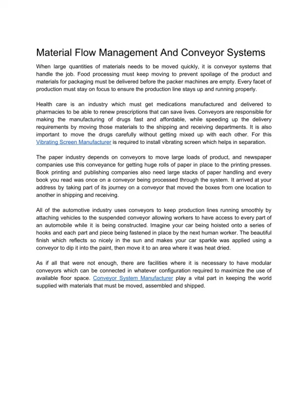Material Flow Management And Conveyor Systems