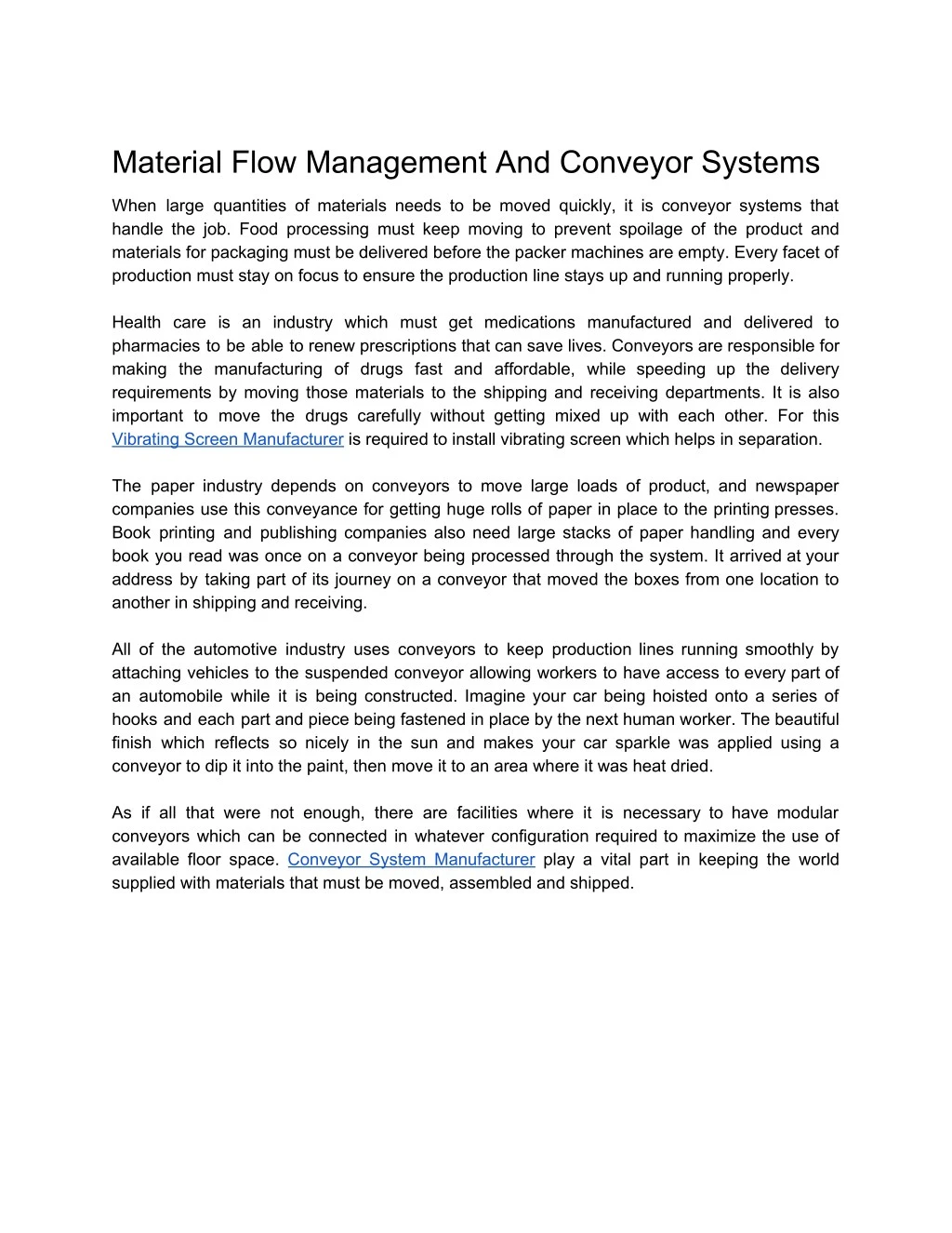material flow management and conveyor systems