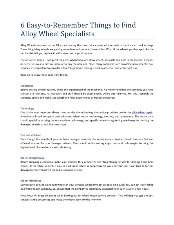 6 Easy-to-Remember Things to Find Alloy Wheel Specialists