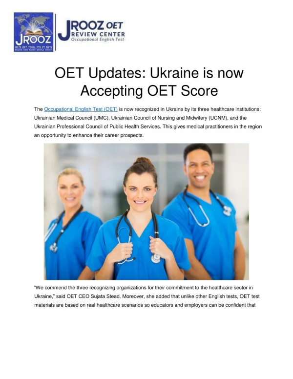 OET Updates: Ukraine is now Accepting OET Score