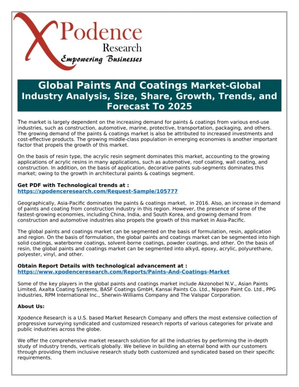 Global Paints And Coatings Market to Receive Overwhelming Hike in Revenues by 2025