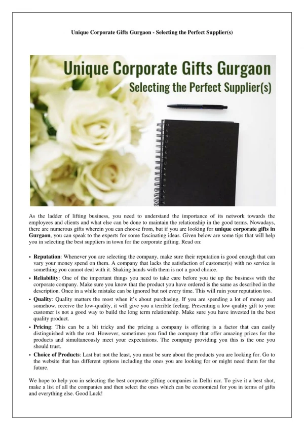 Unique Corporate Gifts Gurgaon - Selecting the Perfect Supplier(s)