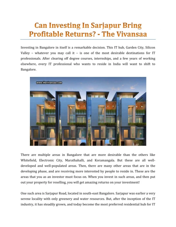 Can Investing In Sarjapur Bring Profitable Returns? - The Vivansaa