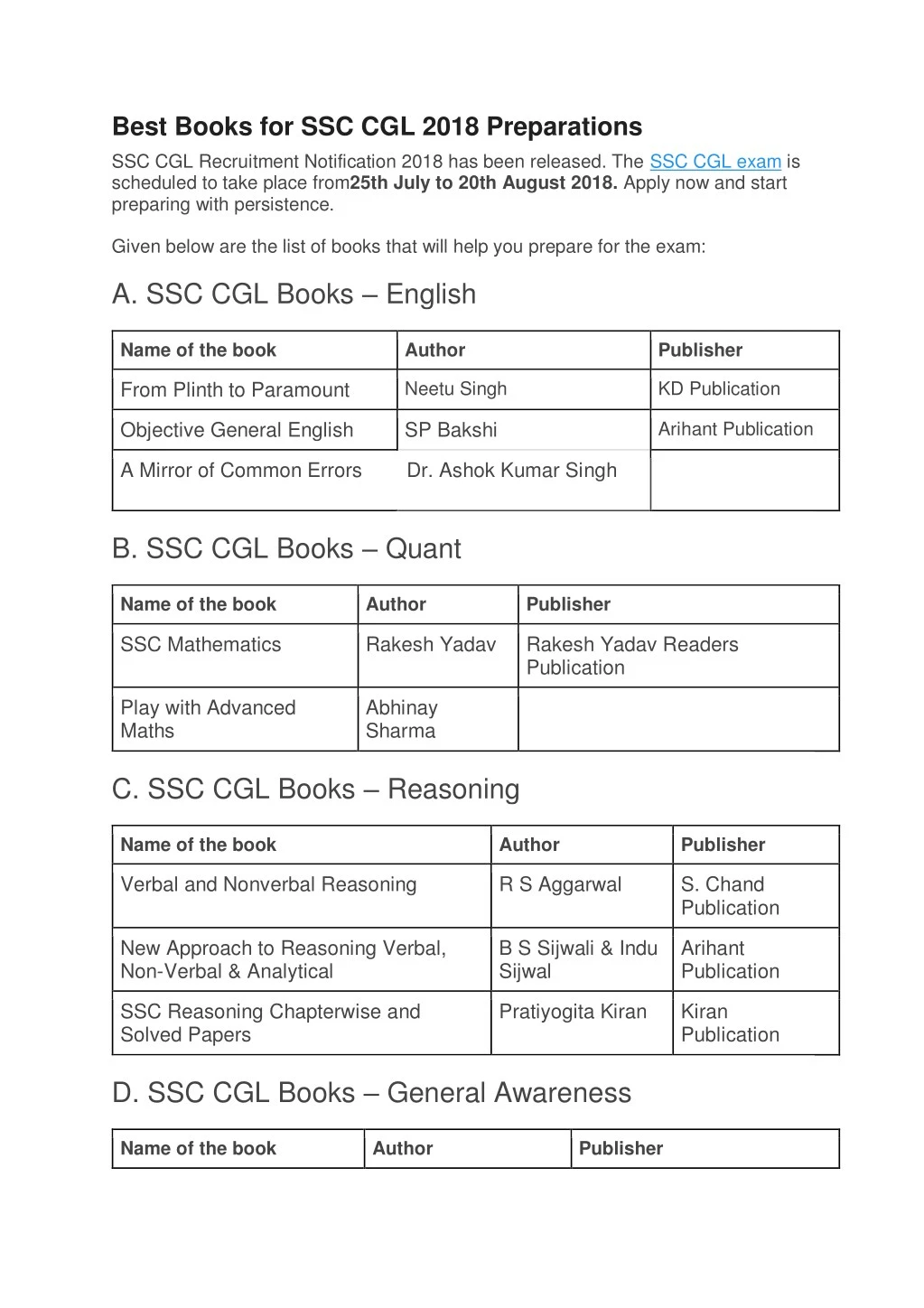 best books for ssc cgl 2018 preparations