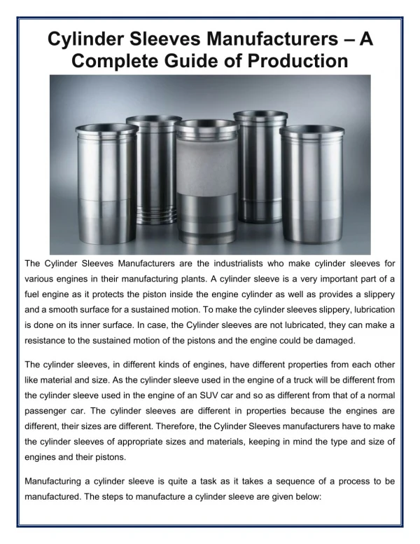 Cylinder Sleeves Manufacturers – A Complete Guide of Production