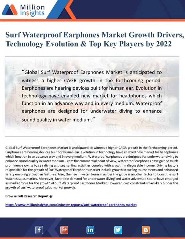 Surf Waterproof Earphones Market Growth Drivers, Technology Evolutuon & Top Key Players to 2022