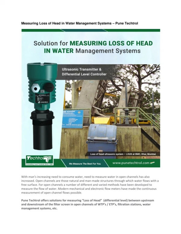 Measuring Loss of Head in Water Management Systems â€“ Pune Techtrol