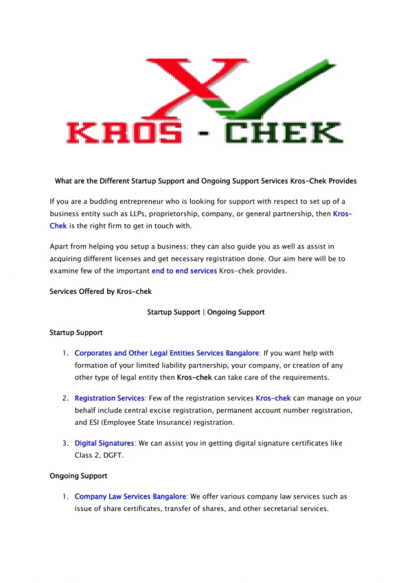 What are the Different Startup Support and Ongoing Support Services Kros-Chek Provides