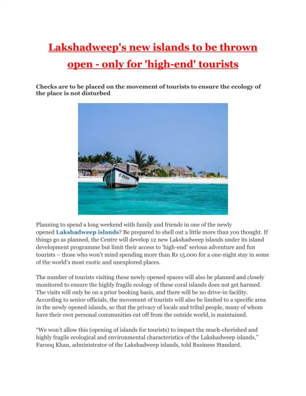 Lakshadweep's new islands to be thrown open - only for 'high-end' tourists