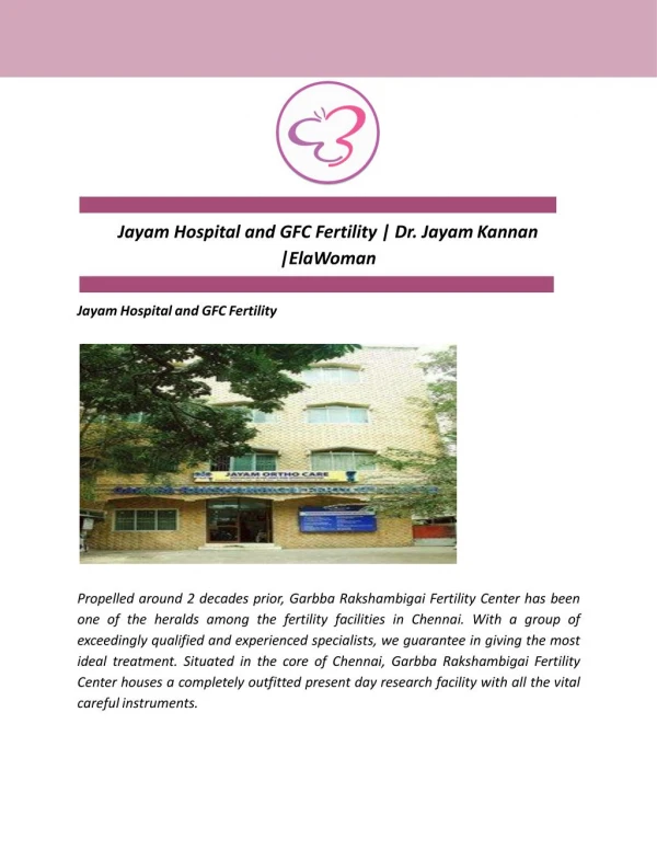 Jayam Hospital and GFC Fertility | Dr. Jayam Kannan |ElaWoman