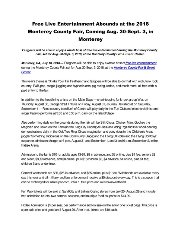 Free Live Entertainment Abounds at the 2018 Monterey County Fair, Coming Aug. 30-Sept. 3, in Monterey