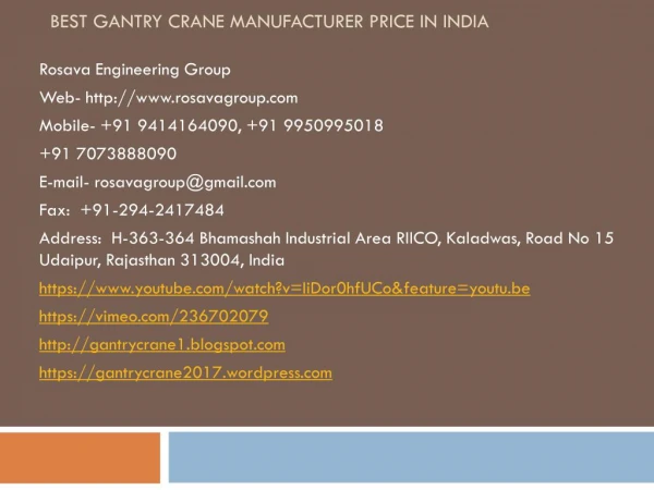 Best Gantry Crane Manufacturer Price in India