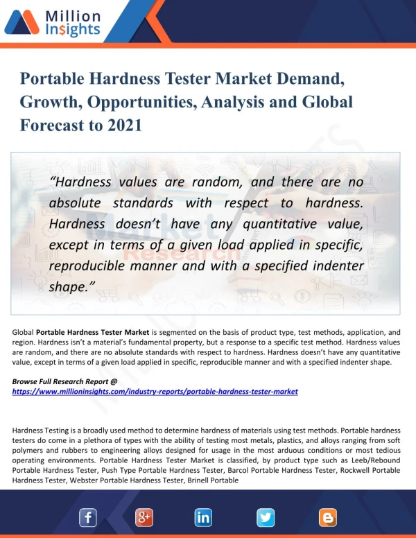 Portable Hardness Tester Market - Global Industry Demand, Trend, Growth Analysis and Forecast Research Report 2021