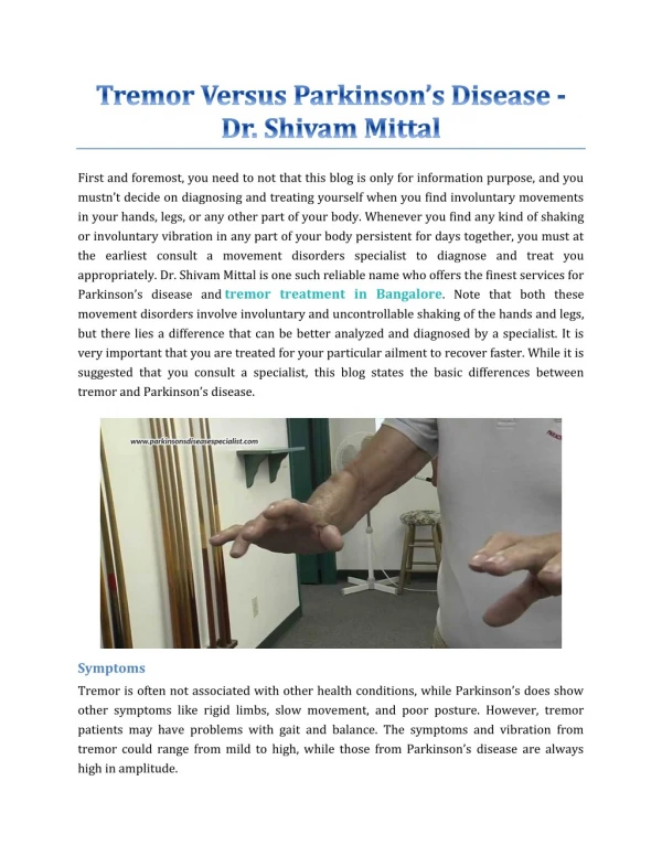 Tremor Versus Parkinson’s Disease - Dr. Shivam Mittal