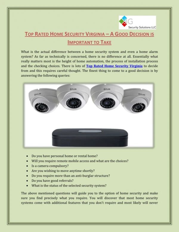 Top Rated Home Security Virginia – A Good Decision is Important to Take | 3G Security Solutions