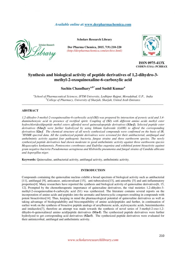 Synthesis and biological activity of peptide derivatives of 1,2-dihydro-3- methyl-2-oxoquinoxaline-6-carboxylic acid