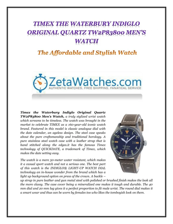 TIMEX THE WATERBURY INDIGLO ORIGINAL QUARTZ TW2P83800 MENâ€™S WATCH