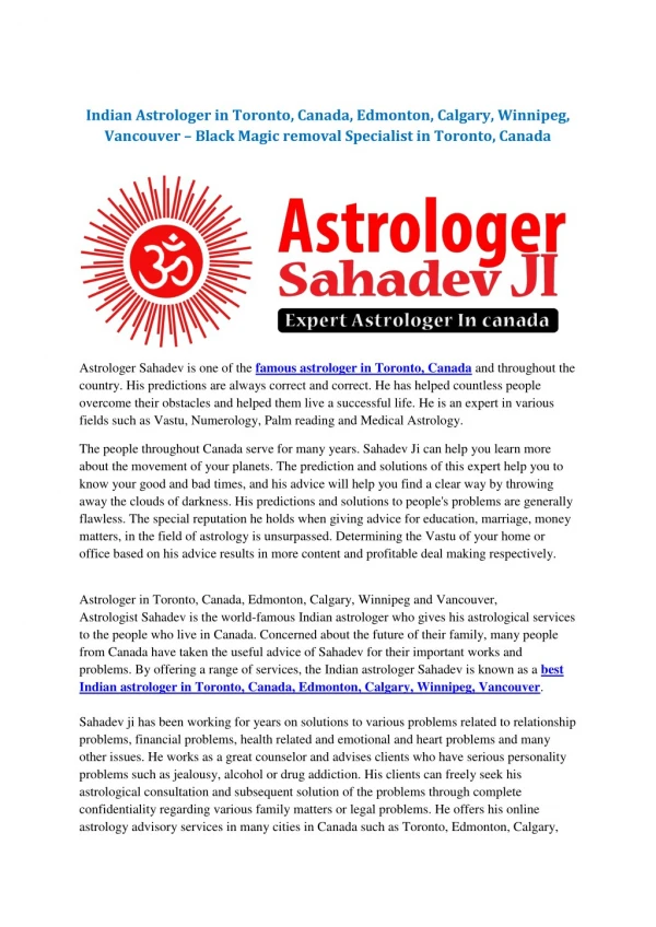 Indian Astrologer in Toronto, Canada, Edmonton, Calgary, Winnipeg, Vancouver – Black Magic removal Specialist in Toron
