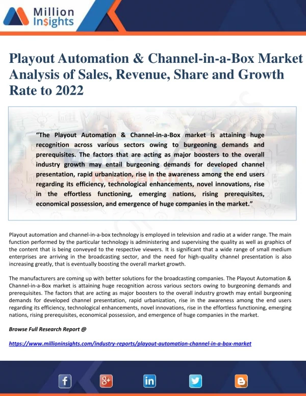 Playout Automation & Channel-in-a-Box Market Analysis of Sales, Revenue, Share and Growth Rate to 2022