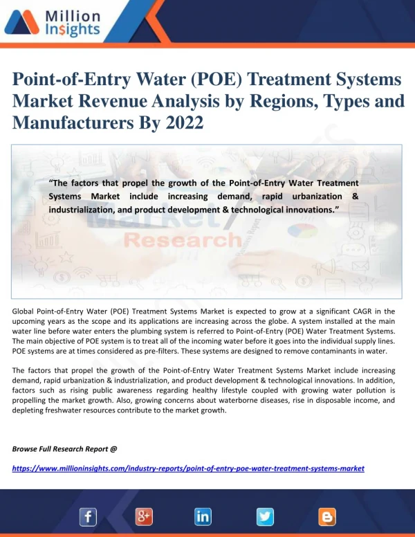 Point-of-Entry Water (POE) Treatment Systems Market Revenue Analysis by Regions, Types and Manufacturers By 2022