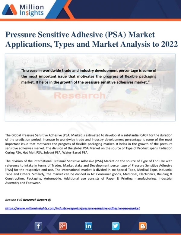 Pressure Sensitive Adhesive (PSA) Market Applications, Types and Market Analysis to 2022