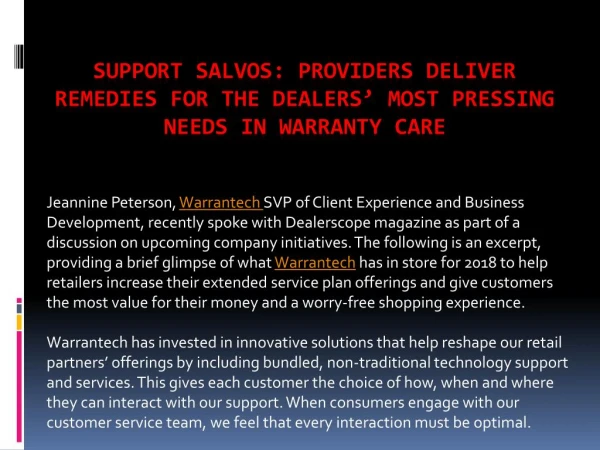Providers Deliver Remedies For The Dealersâ€™ Most Pressing Needs In Warranty Care