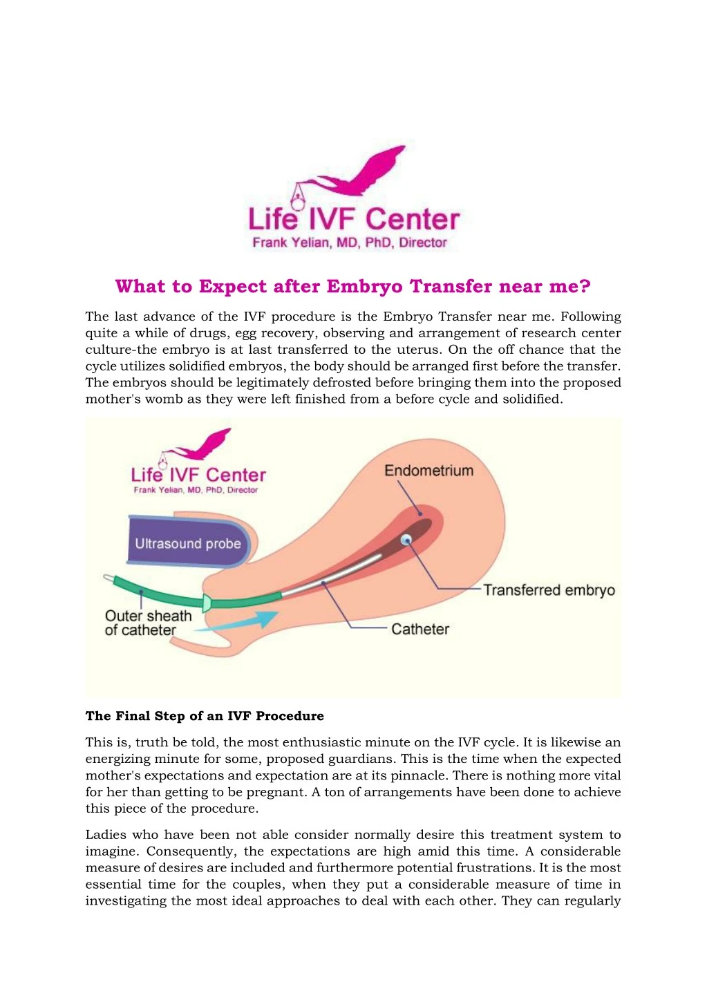 what to expect after embryo transfer near me