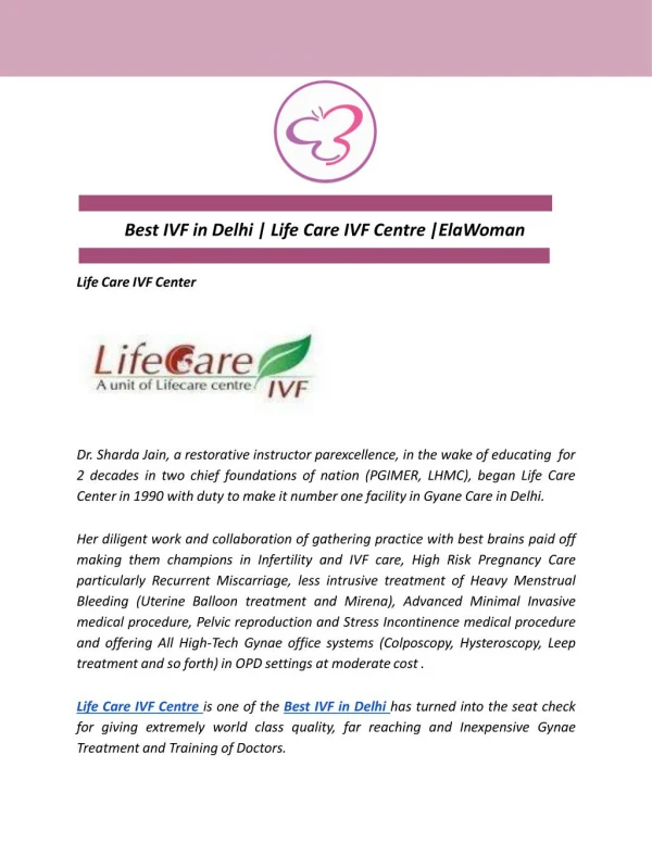 Best IVF in Delhi | Life Care IVF Centre |ElaWoman