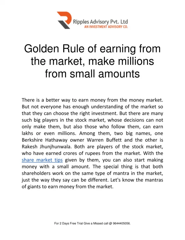 Golden Rule of earning from the market, make millions from small amounts