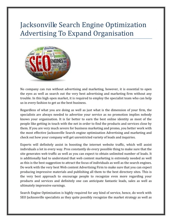 Jacksonville Search Engine Optimization Advertising To Expand Organisation