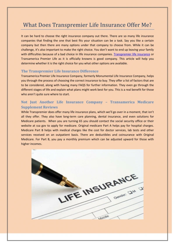 What Does Transpremier Life Insurance Offer Me?