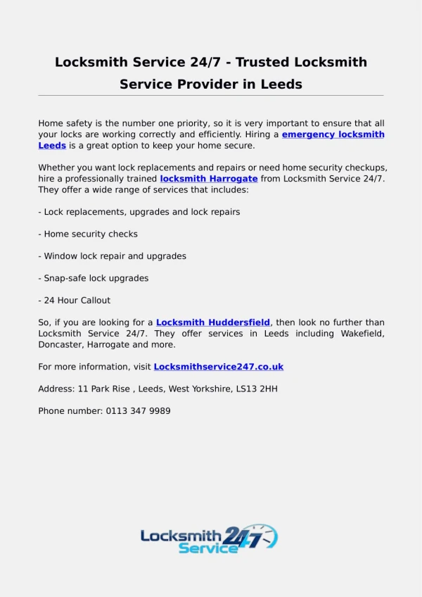 Locksmith Service 24/7 - Trusted Locksmith Service Provider in Leeds