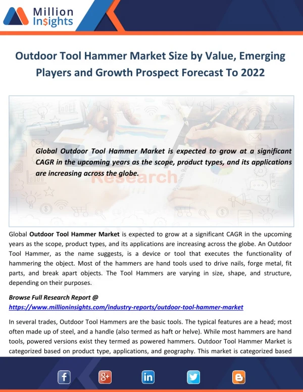 Outdoor Tool Hammer Market Size by Value, Emerging Players and Growth Prospect Forecast To 2022