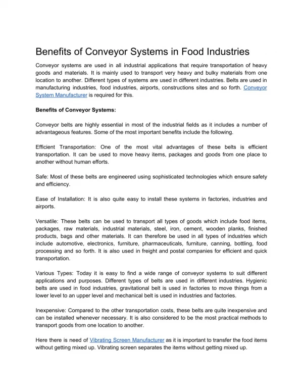 Benefits of Conveyor Systems in Food Industries