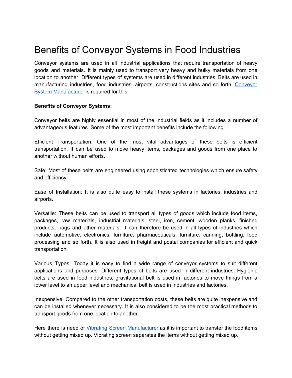 benefits of conveyor systems in food industries