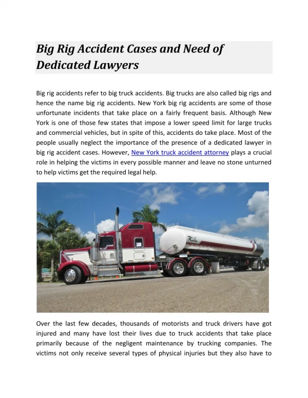 Big Rig Accident Cases and Need of Dedicated Lawyers