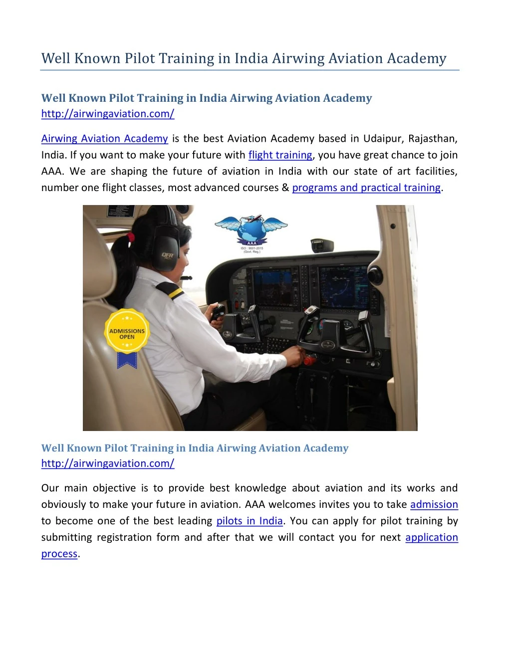 well known pilot training in india airwing