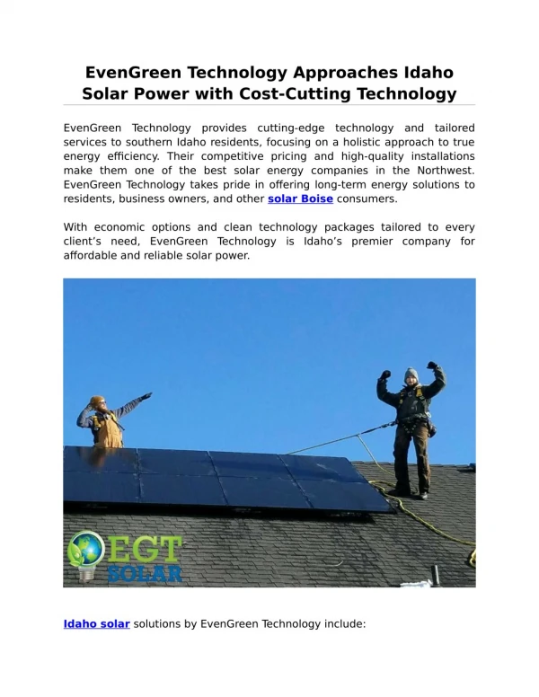 EvenGreen Technology Approaches Idaho Solar Power with Cost-Cutting Technology