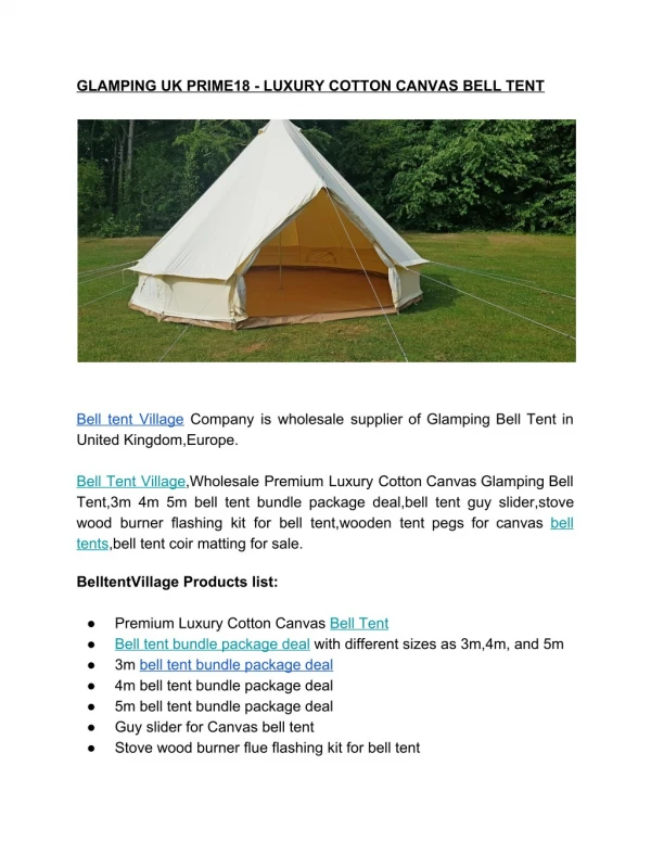 Glamping UK Bell Tent Village Prime18 - Luxury Cotton Canvas Bell Tent