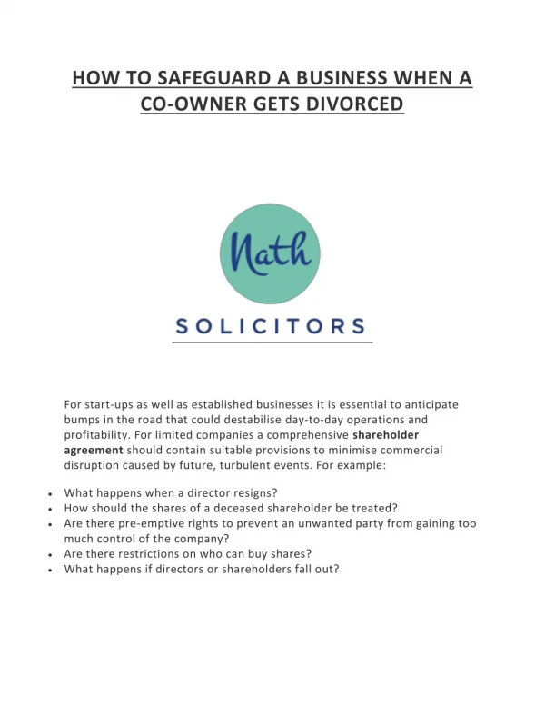 HOW TO SAFEGUARD A BUSINESS WHEN A CO-OWNER GETS DIVORCED