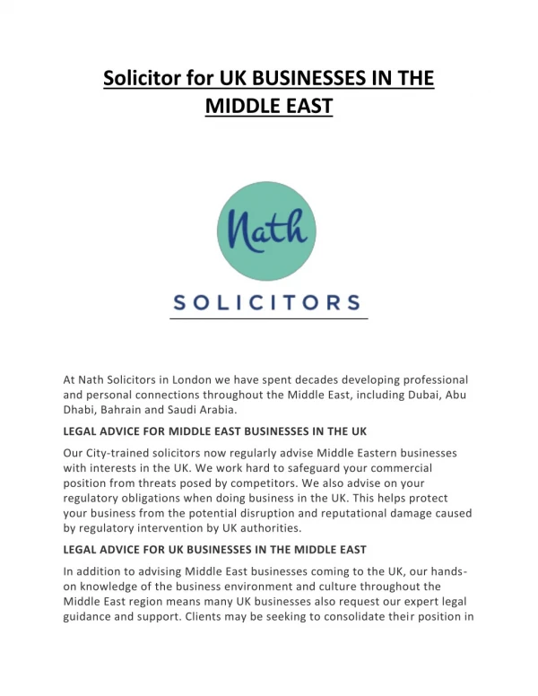 Solicitor for UK BUSINESSES IN THE MIDDLE EAST