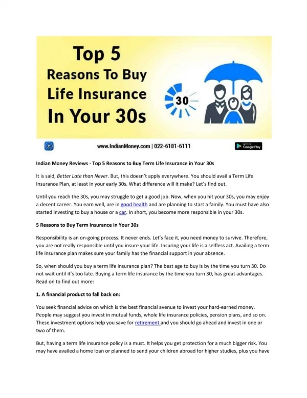 Indian Money Reviews - Top 5 Reasons to Buy Term Life Insurance in Your 30s