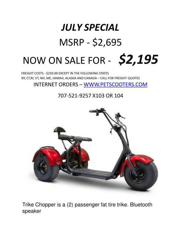 JULY SPECIAL Offer Trike Chopper Fat Tire Trike