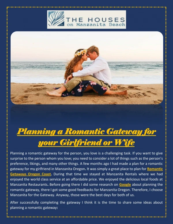 Planning a Romantic Gateway for your Girlfriend or Wife