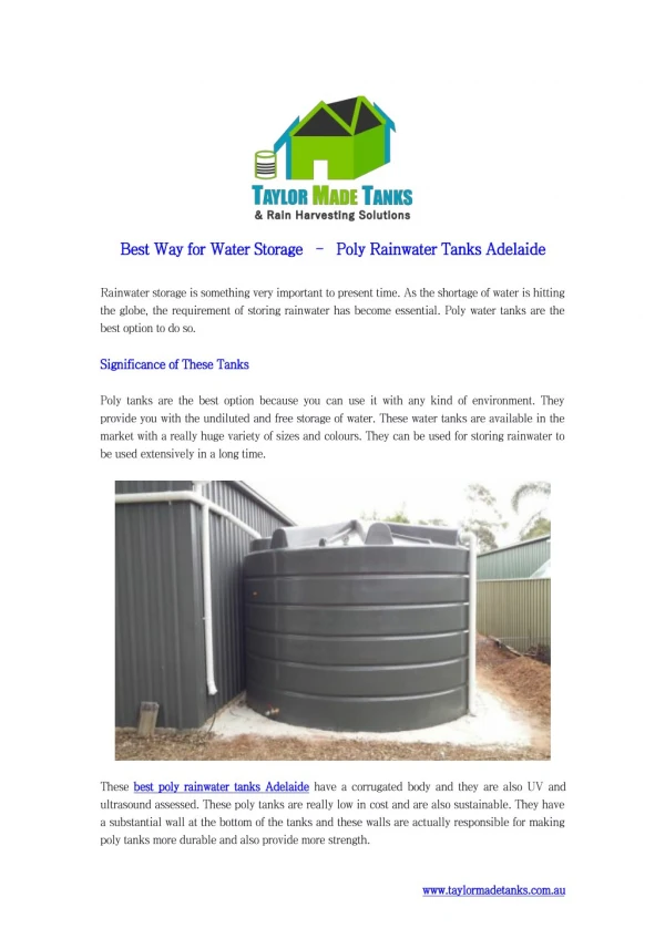 Best Way for Water Storage – Poly Rainwater Tanks Adelaide